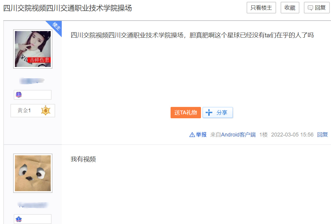 “四川交院视频谣言”网上评论截图 其评论都是出售视频的信息